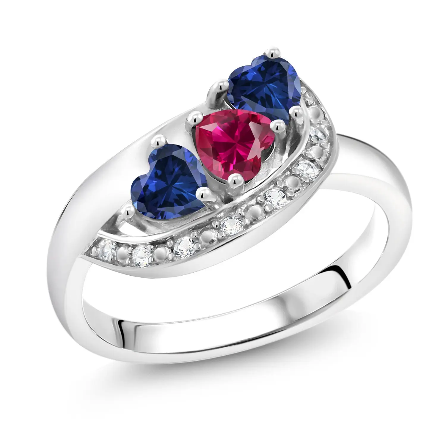 925 Sterling Silver Red Created Ruby Blue Created Sapphire and White Created Sapphire Engagement Ring For Women (1.36 Cttw, Heart Shape 4MM)