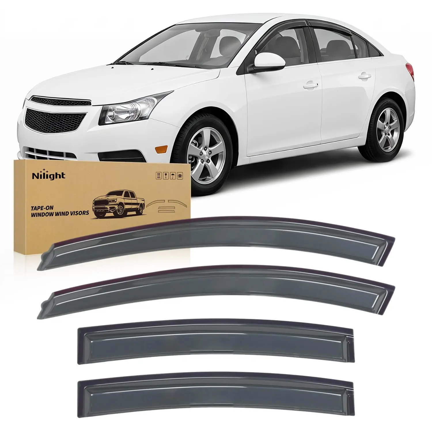 Nilight Tape-On Window Visors for Chevy Cruze Sedan 2011 2012 2013 2014 2015, Rain Guards Wind Deflectors Vent Shades, Smoke Sun Rain Guard, 4PCS