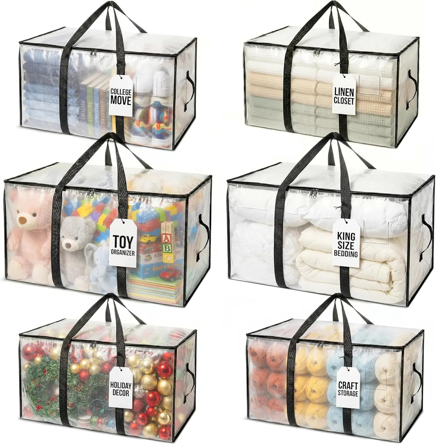 Large Clear & Pink Clothes Storage Bags Heavy Duty Moving Totes with Reinforced Handles Zipper Organizer Bins Foldable Waterproof Quilt Blanket Storage Containers for Closet Bedroom Dorm College Moving Supplies