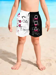 Men's Squid Game Symbol Printed Beach Shorts, Colorblock Quick-Dry Short Pants, Casual Fitted Knee-Length Drawstring Waist