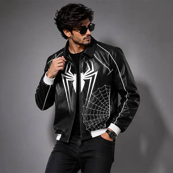 Men's Brand New Spider Web Bomber Jacket – Black Zip-Up Real Leather Streetwear Coat with Ribbed Hem & Collar