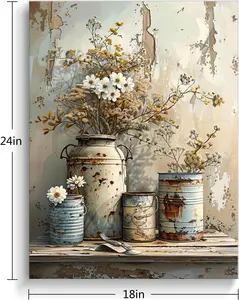 Framed Flower Canvas Print Vintage Farmhouse Floral Wall Art Weathered Wood Grain Background Rustic Painting Elegant Home Decor for Living Room Bedroom Ready to Hang SHJY-00105