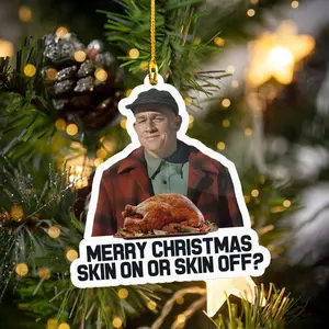 Charlie Hunnam "Skin On or Skin Off" Acrylic Ornament – Dark humor true crime Christmas decoration inspired by Ed Gein I Unique Xmas gift for true crime fans and Charlie Hunnam lovers