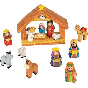 Mini Christmas Nativity Set Stable with Jesus Mary Joseph Wisemen - 9 Pieces Red, Blue, Green, Beige, Brown