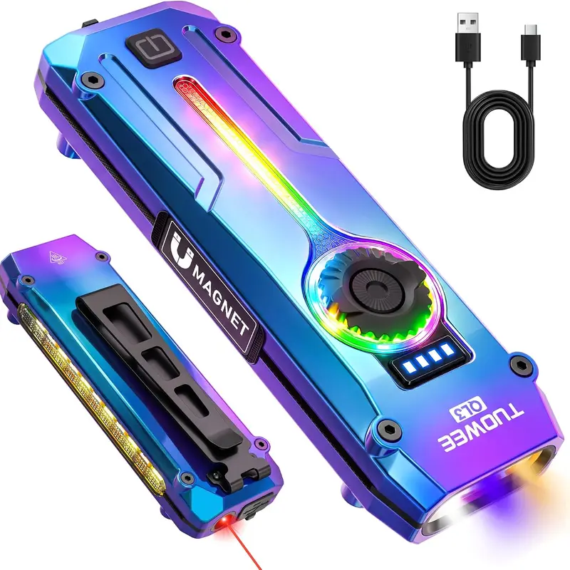 NEW TUOWEE QL3 UV Flat EDC Super Bright LED Flashlight Torch - 1800 Lumens, RGB, Magnetic Base, Dual Switch, Stepless Dimming, USB-C Rechargeable, Waterproof, Adjustable Beam, Built-In Cells, Cool Gadgets, Work Accessories, Built for Home, Work, Travel