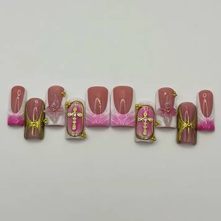 Pink and gold summer vibes press on nails