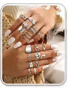 16Pcs Stackable Stainless Steel Rings for Women Chunky Silver Rings Non Tarnish Ring Open Adjustable Thumb Finger Statement Ring Set