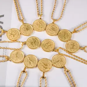 18K Gold Plated 12 Zodiac Signs Pendant Constellation Necklace Personalized Coin Cameo Pendant Necklace for Women/Men Lucky Jewelry