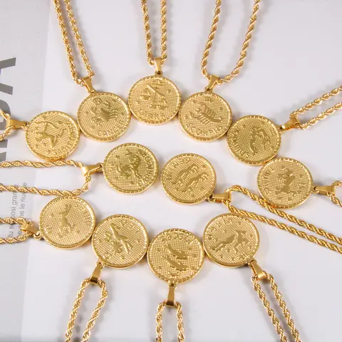 Women's 3mm 18K Gold Plated Zodiac Sign Coin Cameo Pendant Fashion Necklace - Aries-Inclusive 12 Constellation Medallion Chain, Unisex Lucky Costume Jewelry, Ideal Personalized Gift
