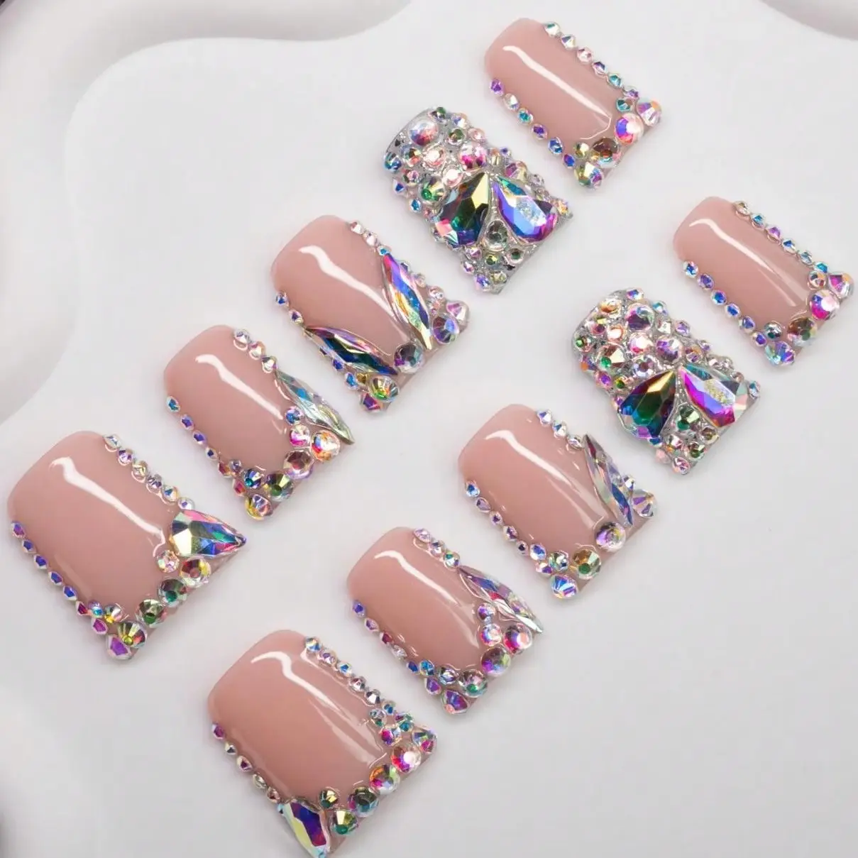 10+2 pcs Luxury Handcrafted Duck Nails with Sparkling Crystal Embellishments & Sculpted Dimensional Details, Designer Y2K Nail Art Collection Nude Duck Nails with 24 pcs nails and 2pcs rings choice