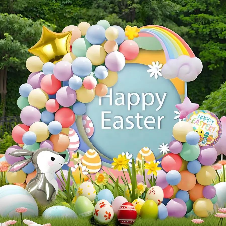 115pcs Easter Theme Balloon Chain Set, Rabbit Foil Balloons, Multicolor Latex Balloons, Spring Easter Party Decorations