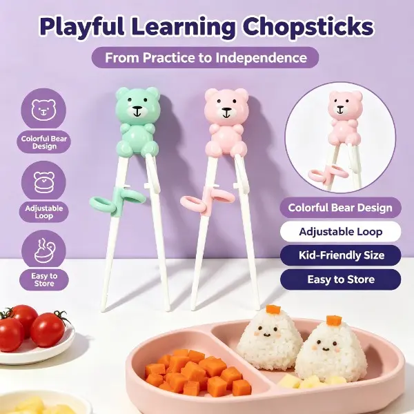 1 Pair Cartoon Bear Silicone Grip Gentle Pink Training Chopstick Set - Adjustable Ring, Waterproof, Dirt-Resistant, Reusable, Portable Kids' Learning Utensils for Independent Eating, Correct Holding, Party/Birthday Small Commemorative Gifts