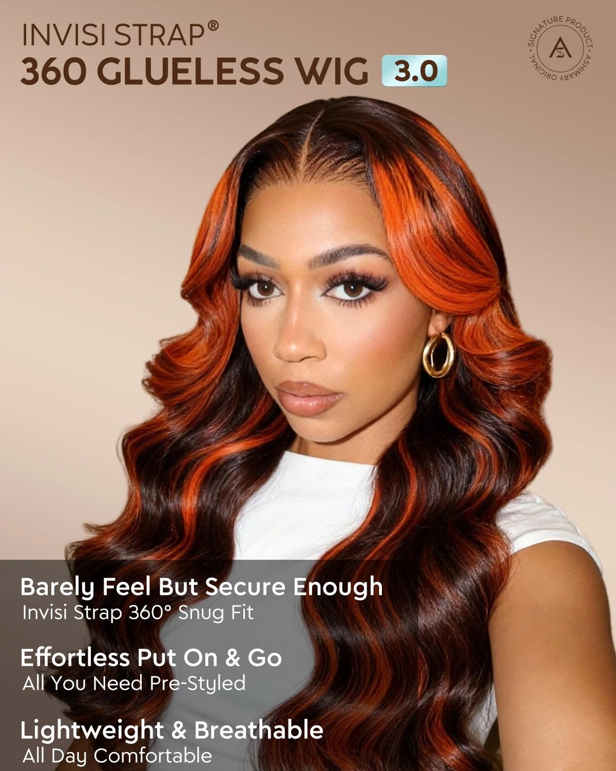 Salon Layer Cut Ginger Highlights On Brown Hair 360 Lace Frontal Invisi Strap Skin Lace Invisi Drawstring Snug Fit Body Wave Human Hair Wig SpringStatements