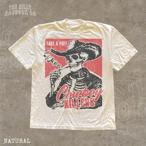 Smoking Skeleton Unisex Adult Tee, Playful Cowboy Killers Graphic Shirt, Aesthetic Funny Skull T-Shirt, Trendy Oversized Vintage Western Grunge Design, Premium Heavyweight Edgy Alt Clothing Gift