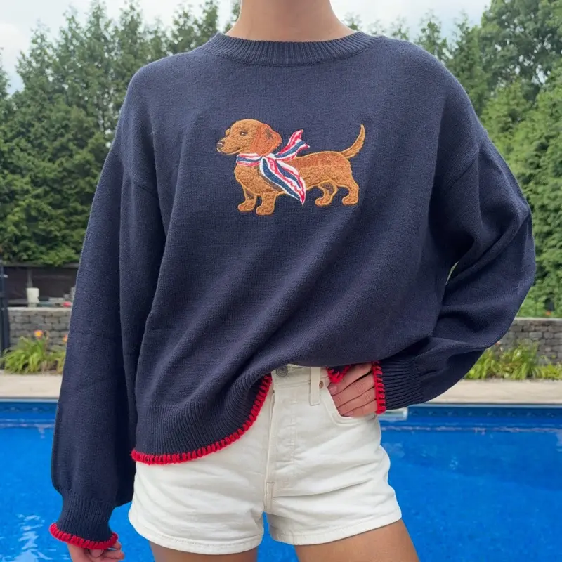 Women’s Navy Blue Embroidered Dog Sweater, American Dachshund Sweater, USA Long Sleeve Sweater