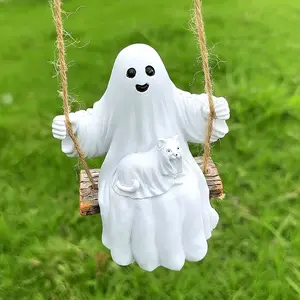 Halloween Swing Decoration Resin Witch & Cat Statue, Multifunctional Indoor Outdoor Ghost Sculpture for Garden Table Holiday Decor