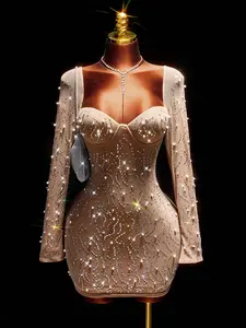 Women's Rhinestone Embellished Mini Long Sleeve Glamorous Dress