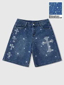 Men's Denim Shorts with Rhinestone Decoration, Loose-Fit Design, Fashionable and Comfortable, Ideal for Casual Wear and Daily Use