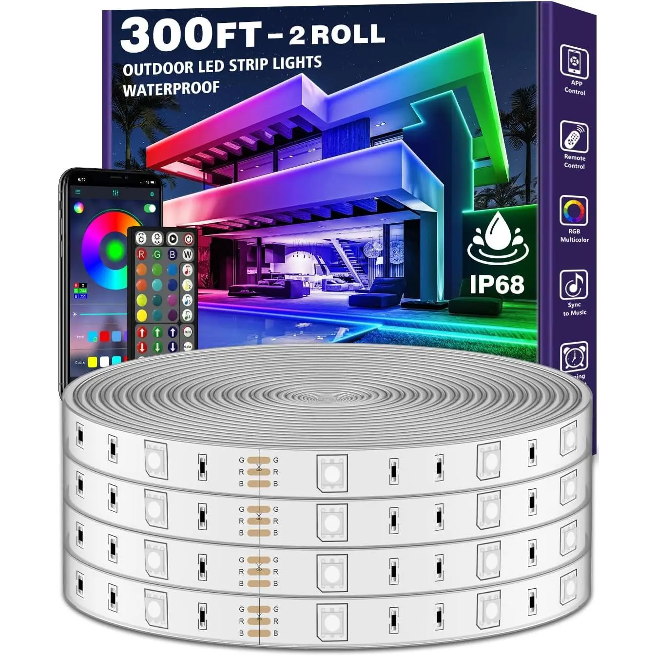 Outdoor LED Strip Lights Waterproof,IP68 Outside Led Light Strips Waterproof with Bluetooth App Remote Control,Music Sync RGB Exterior Led Rope Lights,for Balcony,Deck,Roof,Garden,Pool (300FT)