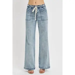 RISEN High rise Waist Pull On Straight Leg Jeans with drawstring 5745 Stretchy Cotton Comfort Denim Womenswear Bottom