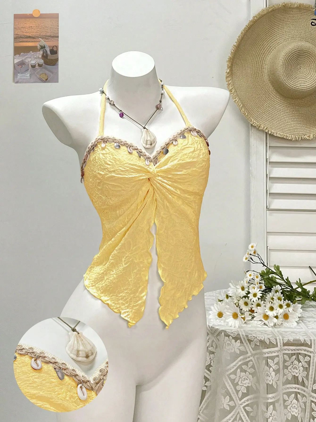 Sleeveless Twist Front Halter Tops Vacation Slit Hem Backless Camisole Womenswear