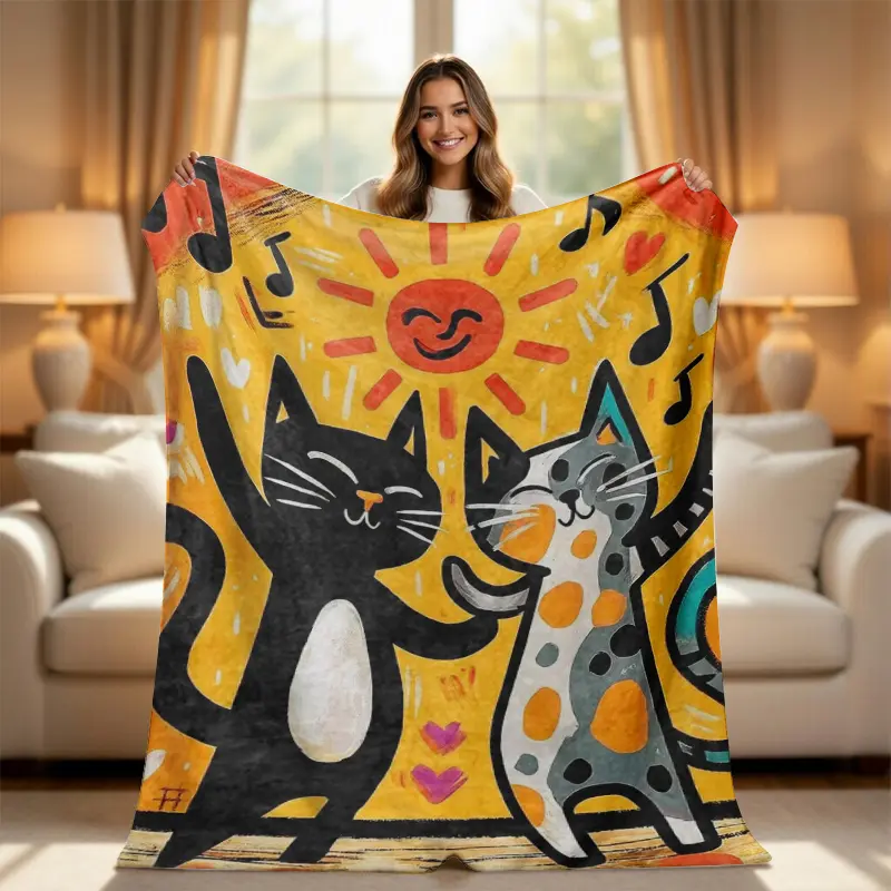 Cute Dancing Cats Fleece Throw Blanket - Animal Artwork, Cartoon Drawing, Colorful Kitty, Kitten Style, Statement Decorative Blanket for Couch, Bed, Cozy Dopamine Room Decor Gift for Cat Lovers, Animal Artwork Blankets, Cartoon Drawing Blankets
