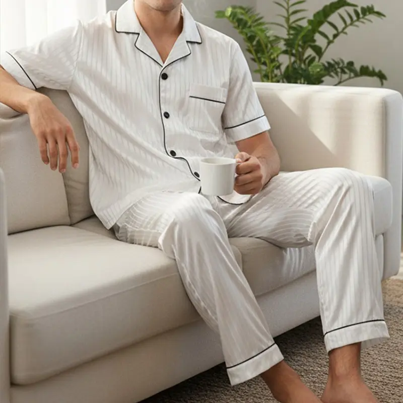 2-piece set, spring/summer loungewear, jacquard satin nightwear, men’s cardigan-style short-sleeve top with lapel collar and long pants set, striped lightweight two-piece for autumn/winter indoor wear, casual men’s sleepwear pajamas #fathersdaygift #Summe