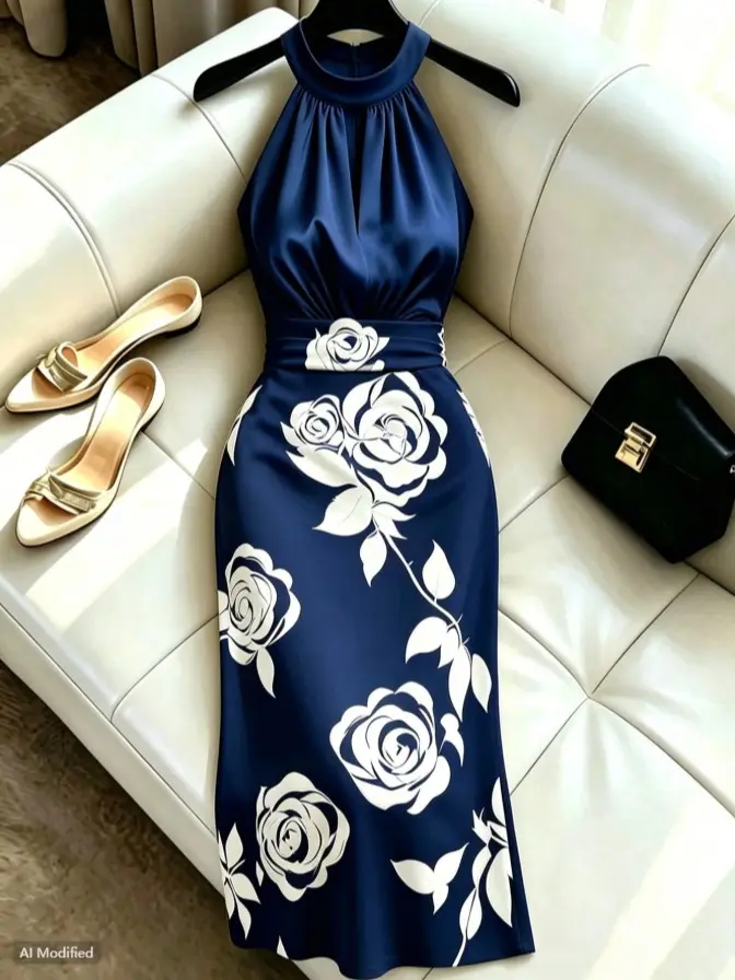 Women's Summer Halter Neck Sleeveless Floral Print Satin Dress, Gold Glossy Fabric Elegant Dress, Suitable For Beach, Vacation, Party, Graduation, Bridesmaid, Evening, Casual, Commuting, Business Office, Urban Teacher Professional Wear