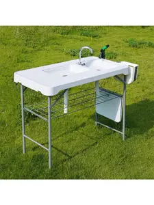 Folding Fish Cleaning Table With 2 Foldable Sinks, 42.5'' Portable Camping Sink Table With Foldable Faucet, Drainage Hose, Sprayer, Storage Box & Grooves, Outdoor Fillet Station For Picnic