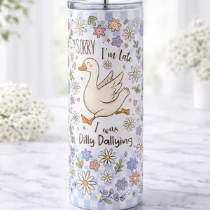 20oz Insulated Portable Reusable Skinny Tumbler with Lid and Straw - "Sorry I'm Late Dilly Dallying Goose" Water Bottle for Kitchen Drinkware Use