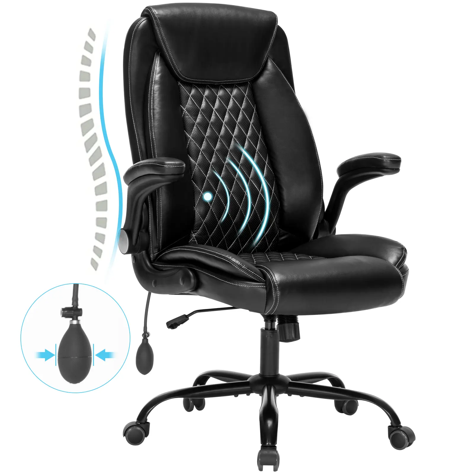 Office Chair Desk Chair High Back Computer Chair - Adjustable Lumbar Support with Flip-Up Arms PU Leather Chair with Spring Cushion