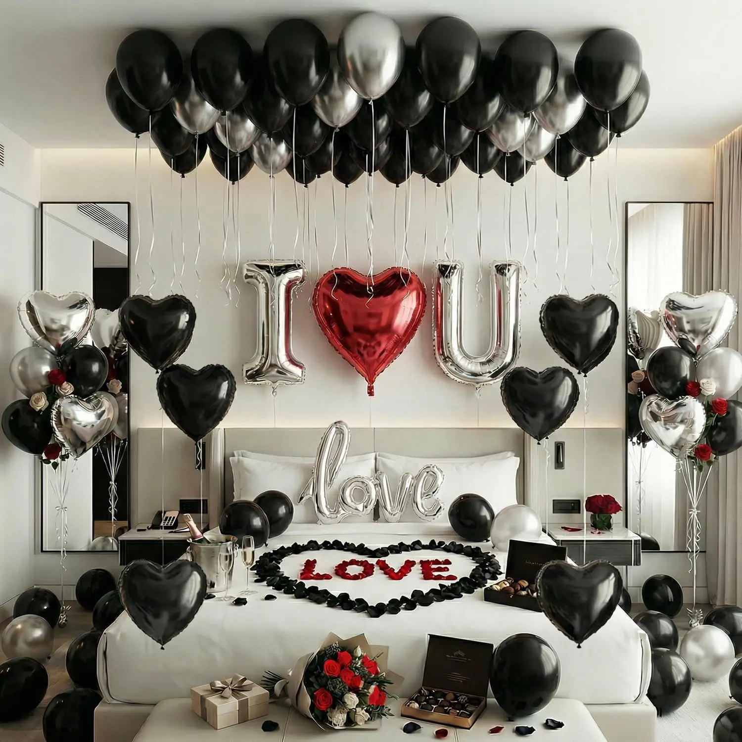 Black & Silver Metallic Romantic Night Decoration Kit - "I Love You", 12-inch & 18-inch Heart Balloons, 600 Rose Petals for Anniversary, Valentine's Day Gifts (Bedroom, Hotel Room Decor)