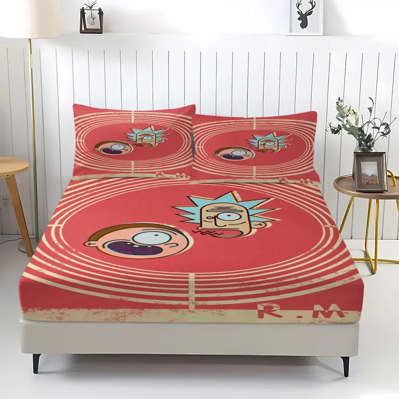 3-Piece Rick and Morty Pattern Bedding Set, Comfortable Printed Bed Sheet and 2 Pillowcases, Anti-Slip Breathable Sheets for Kids and Teens Gifts