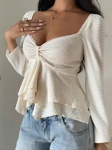 Women's Deep V Neck Ruched Layered Wave Hem Long Sleeve Fitted Top, Casual Date Night Aesthetic Versatile Piece, Daily Wear Fashion