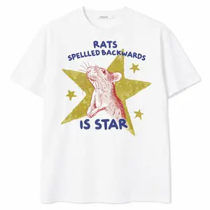 Men's Short-Sleeve Round Neck Casual Streetwear T-Shirt, Comfort Colors Funny Rat Graphic Tee with "Rats Spelled Backwards is Star" Slogan