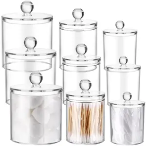 9 Pack Acrylic Holder Dispenser Plastic Apothecary Jars with Lids for Cotton Ball, 10/22/39 oz Clear Plastic Storage Jars Floss Holder Container Bathroom Canisters for Cotton Swab Bathroom, 3 Sizes