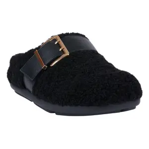 GC Shoes Women's Patsy Black Flat Round Toe Slip-On Mule with Buckle Closure Comfortable Casual Walking Shoes for Summer Plush Textured Upper Durable Sole