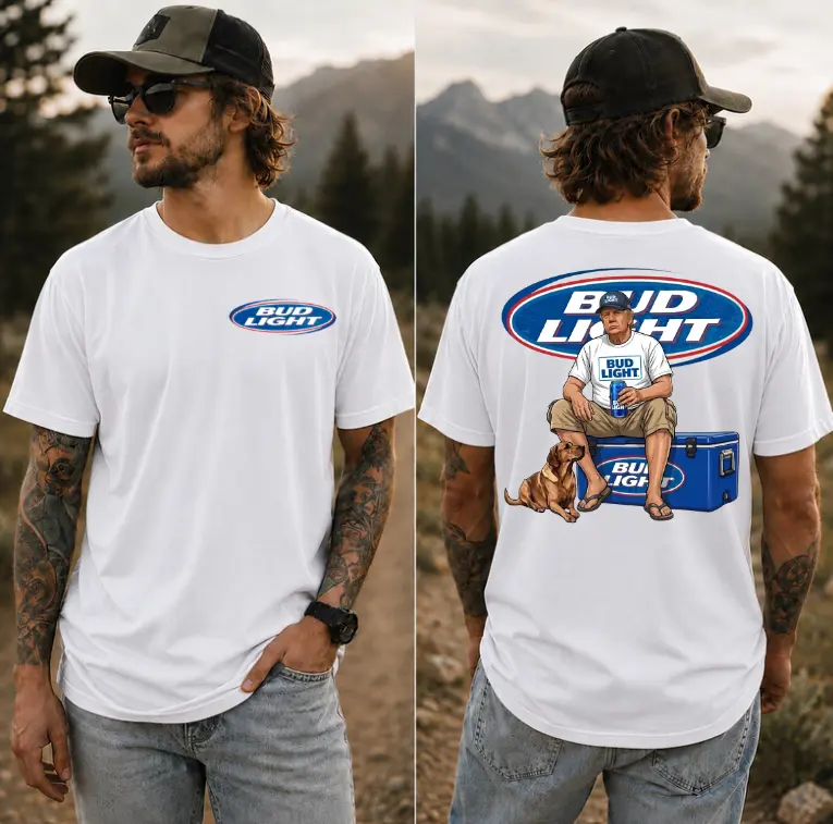 Trump Bud Light Beer Vintage Graphic Tee with Dog, Casual Men’s T-shirt, Cool Logo Design, Gift for Beer Lovers, Full Size, Full Color