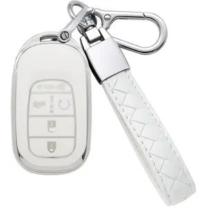for Honda Key Fob Cover 5 Button Soft TPU with Leather Keychain 360 Degree Protection Key Case Shell Holder Fits for 2022 2023 2024 Honda Accord Civic HR-V CR-V Pilot Odyssey, B White
