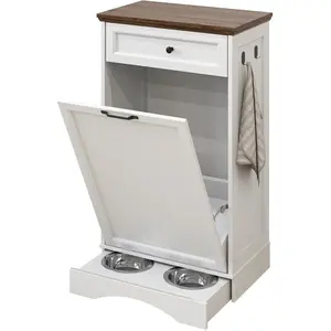 Tilt Out Trash Can Cabinet 10 Gallon Hidden Garbage Bin with Drawer Pet Proof for Kitchen Laundry Bathroom White Single Door Sturdy MDF Board Anti-Tip Locks