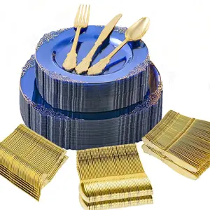 50 Piece Transparent Blue Plastic Plates, Vintage Trim, Includes Dinner and Dessert Plates, Cutlery Set, Dining Plate Set, Dinnerware Service Set for Party, Wedding, Valentine's Day