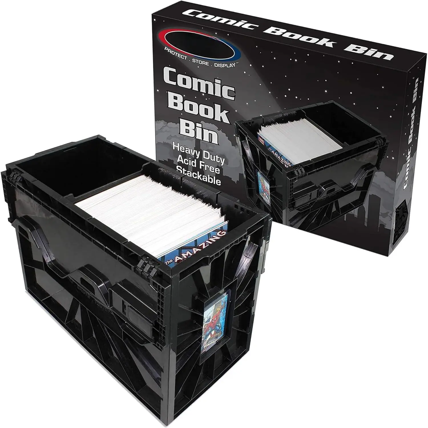 Comic Box, Black - Holds 150 Comics, Acid-Free Storage and Organizer, Heavy Duty Plastic, Stackable, Includes Dividers