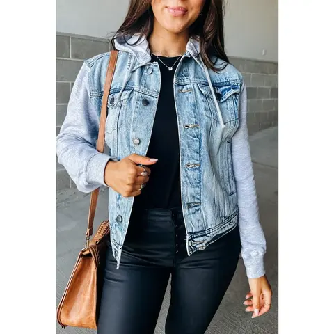 Mindy Mae's Market Women's Charlie Light Wash Cotton Spring Coat - Casual Fit, Faux Long Sleeves, Removable Twist Hood