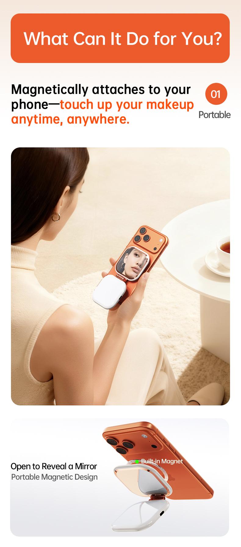 Professional Magnetic Fill Light Mirror, 49 LEDs, Front/Rear 360° Fill, 3 CCT (Warm/Natural/White), Vert/Horiz Stand, Long Battery, Portable Selfie Mirror w/ Universal Joint for Makeup, Vlog, Food Photo