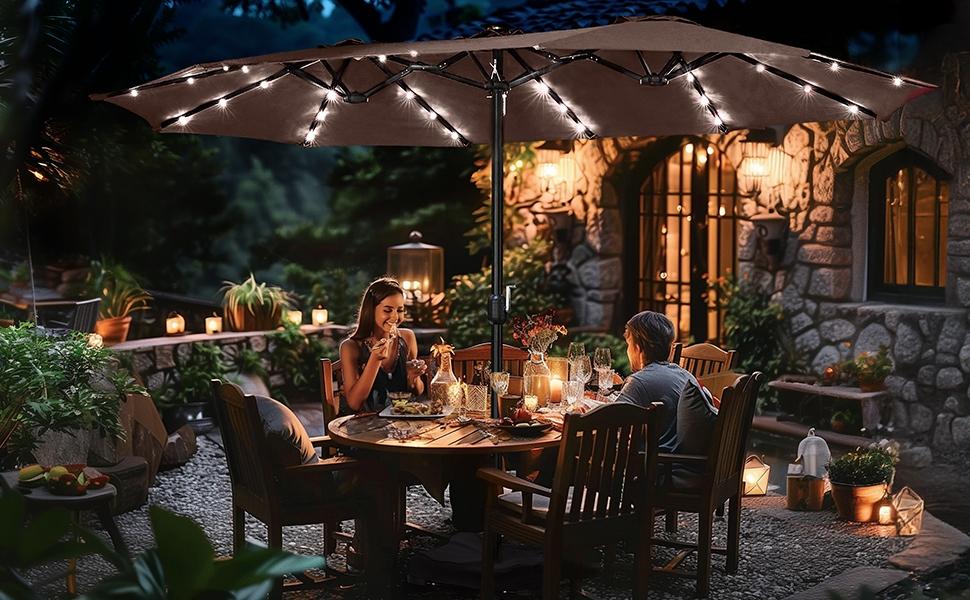 【Solar LED Lights Umbrella】Yaheetech 15/13ft Large Patio Umbrella, Outdoor Double-Sided Rectangle Umbrella with 36 LED Lights & Crank for Patio Garden Pool Lawn Backyard, Base Included