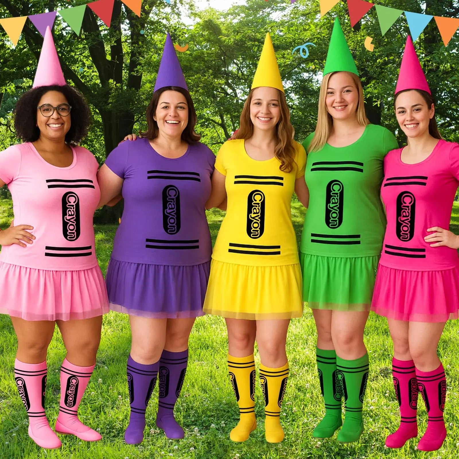 Halloween Crayon Costume Group Teacher Halloween Costume Book Character Cosplay Funny Teacher Outfit T-shirt & Tutu Skirt & Gnome Cone Hat & Socks for Preschool Kindergarten Elementary School Classroom Colorful Art Party Trick-or-treat Teacher Gift