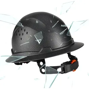 Full-brim ventilated safety hard hat with carbon fiber pattern, equipped with 6-point suspension system and chin strap, adjustable industrial work helmet suitable for construction, outdoor and high-temperature environments