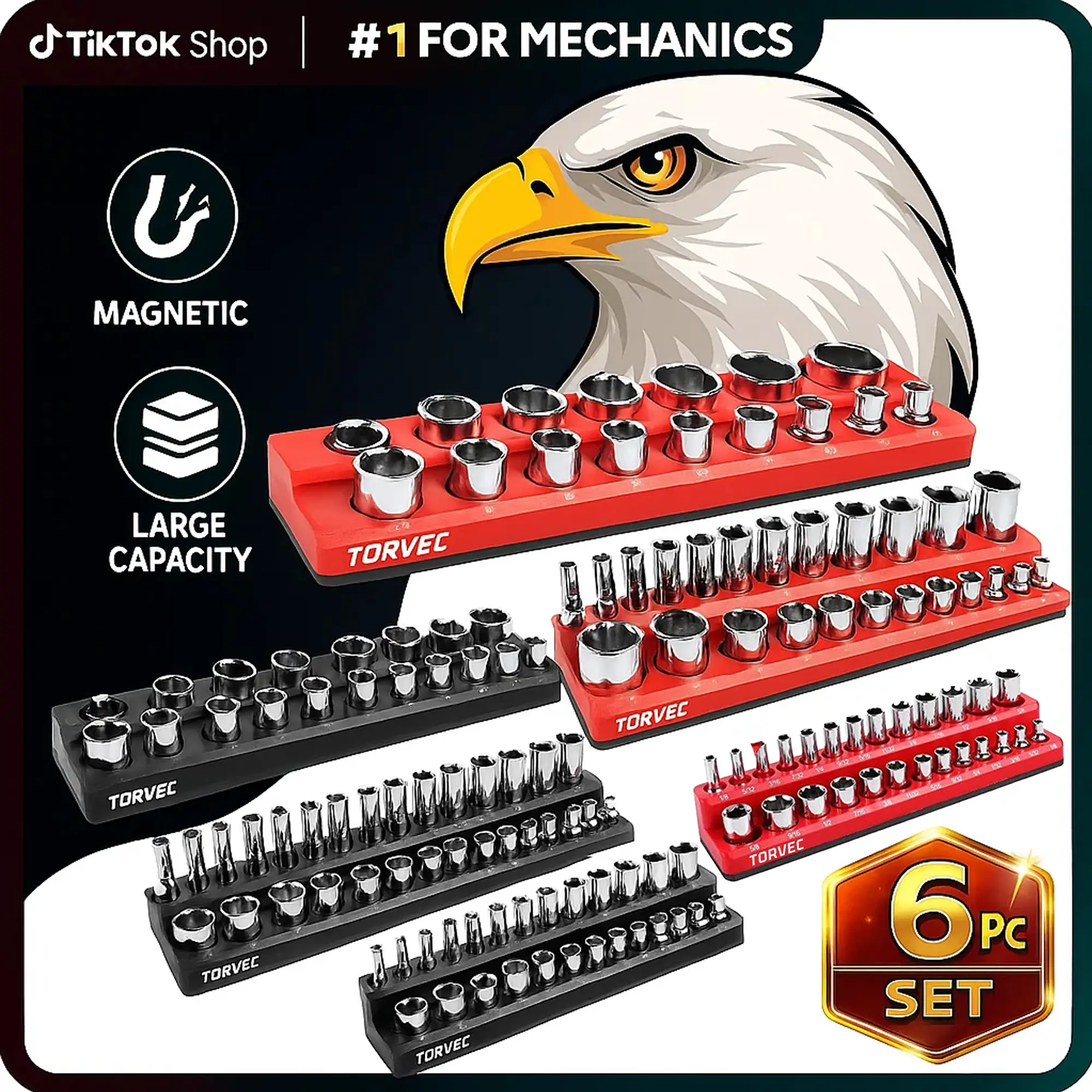 Torvec 6-Piece Magnetic Socket Organizer Set, 1/2", 1/4" and 3/8" SAE & Metric Deep & Shallow Socket Holder Kit, holds 143 stanard Sockets, attaches t