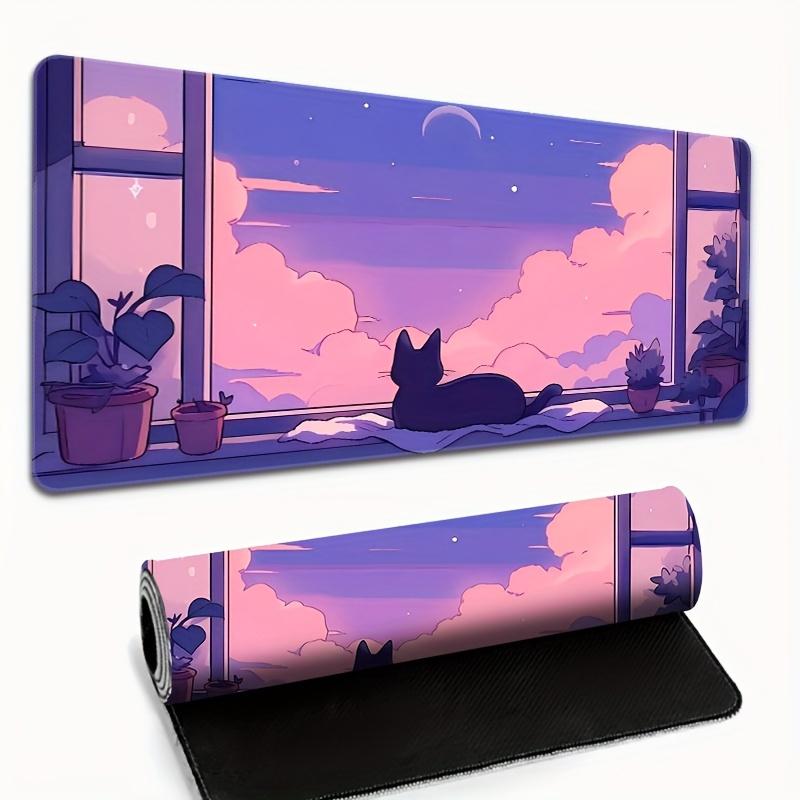 Purple Sky Window Cat, 1pc Extra Large Thick Non-Slip Gaming Mouse Pad, Suitable for PC, Office, and Home Use, Multiple Sizes Available, Enhanced Comfort, High-Density Rubber Base for Stability, Smooth Surface for Precise Tracking, Anime Scenery