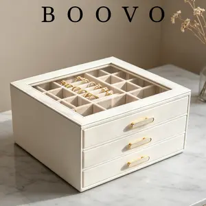 BOOVO Large 3-Tier Glass-Lid Jewelry Organizer Clear Top Vanity Storage, Large Capacity High-End PU Leather Jewelry Box, Anti-Tarnish Velvet  for Necklaces & Rings for Women